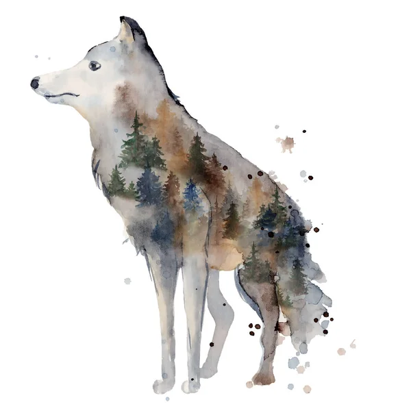 Aquarel wolf illustratie wild bos dier met dubbele blootstelling effect — Stockfoto