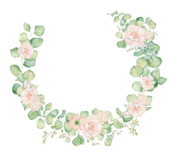 粉红玫瑰花和紫杉叶水彩花环插图 — 图库照片