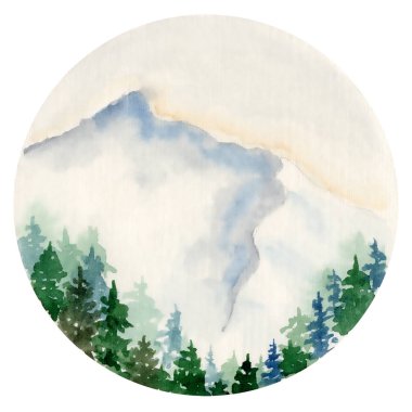 Çam ağacı, köknar ağacı ve dağların soyut doğa arka planına sahip suluboya manzara