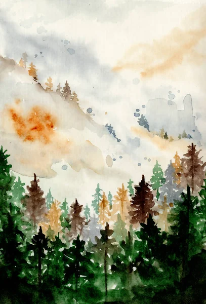 Paysage aquarelle avec pins et sapins et montagnes abstraits fond nature — Photo
