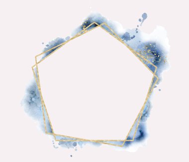 Çokgen çerçeve. Altın parıltılı üçgenler, geometrik şekiller. Suluboya ile elmas şekilli.