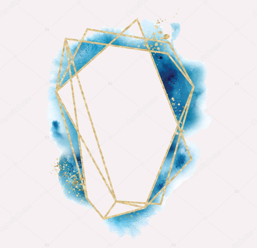 polygonal frame. Gold glitter triangles, geometric shapes. Diamond shape with watercolor washes.