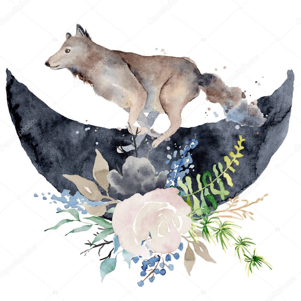 Watercolor wolf  Animal composition Hand drawn illustration