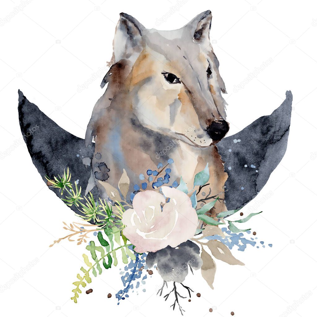 Watercolor wolf  Animal composition Hand drawn illustration