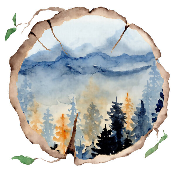 watercolor landscape with pine and fir trees and mountains abstract nature background