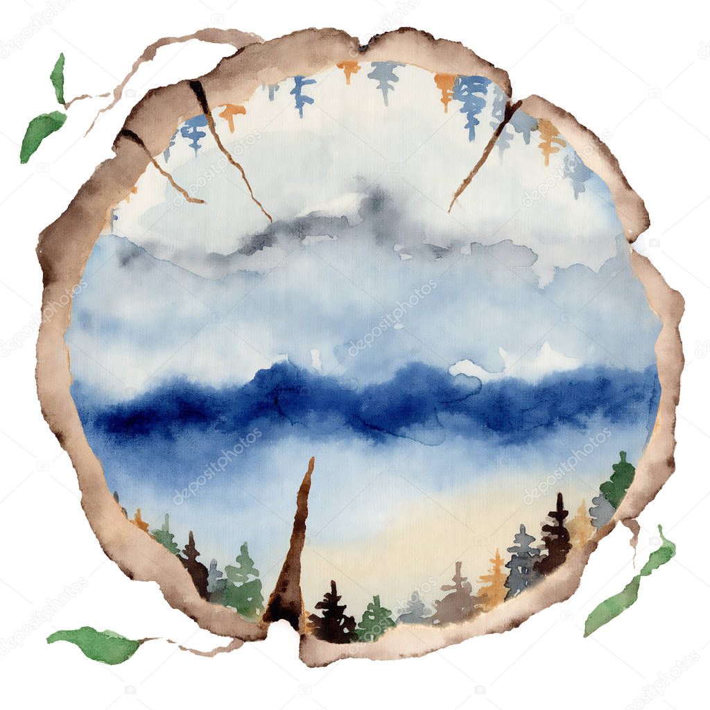 watercolor landscape with pine and fir trees and mountains abstract nature background