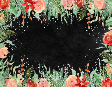 Siyah arkaplanlı suluboya Noel kartı şablonu