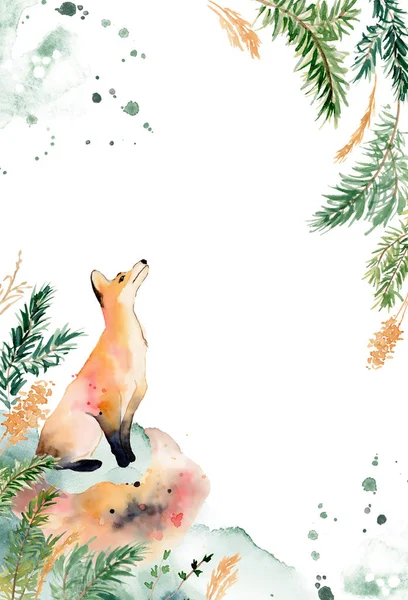 Tarjeta animal del bosque del zorro de la acuarela para la ilustración de Navidad — Foto de Stock
