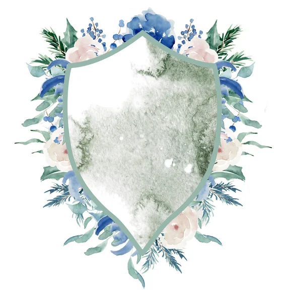 Watercolor crest winter floral frame template — Stock Photo, Image