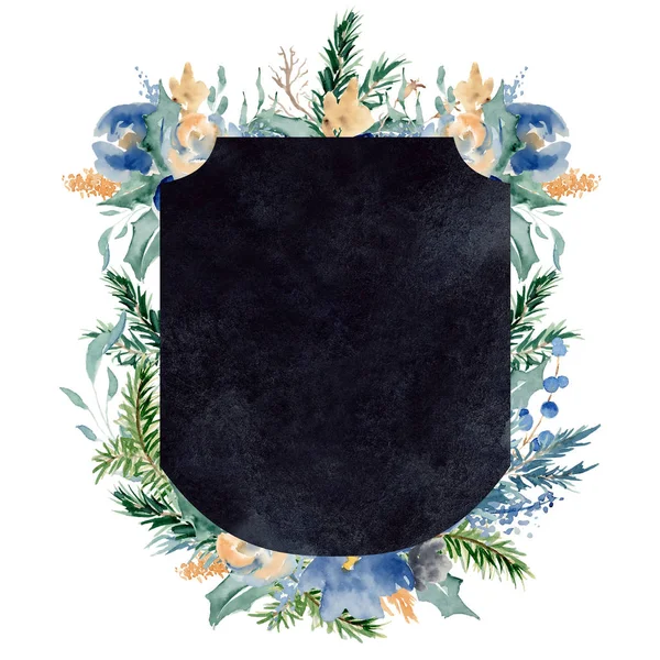Akvarell címer téli virágkeret sablon — Stock Fotó