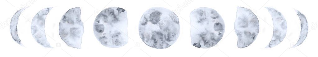 Watercolor moon phases isolated on white background modern space design