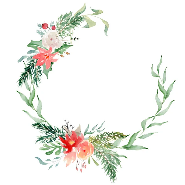 Ilustracja kwiatowego zimowego wieńca. Christmas Decoration Wydrukuj szablon projektu — Zdjęcie stockowe
