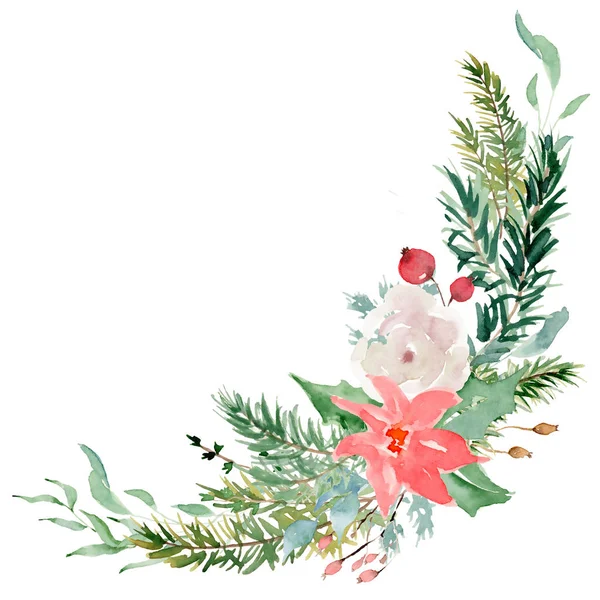 植物的冬季花环说明。 圣诞装饰印刷品设计模版 — 图库照片