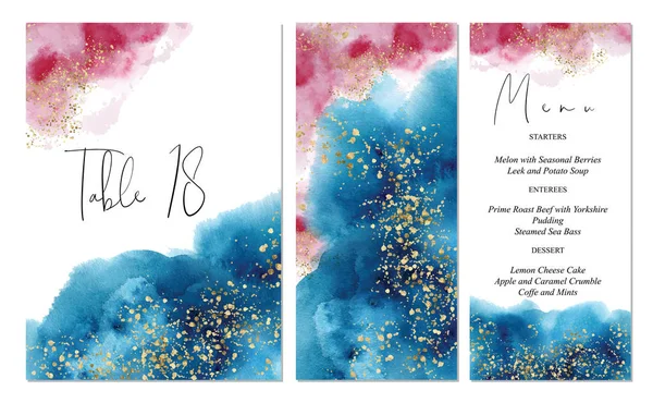 Aquarelle abstraite jeu de mariage aquamarine avec fond bleu et rose dessiné à la main. Comprend des modèles de menu et de numéro de table . — Image vectorielle