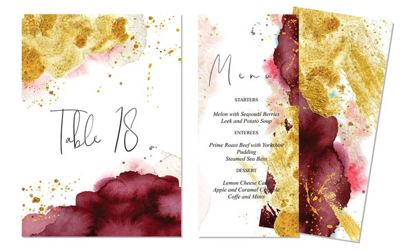 Borgonha, rosa e ouro conjunto de casamento com fundo aquarela — Vetor de Stock