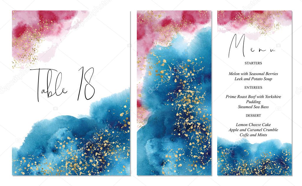 Watercolor abstract aquamarine wedding set with  hand drawn blue and pink background. Includes menu and table number templates. 