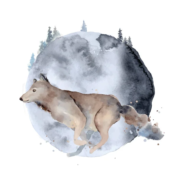 Aquarelwolf Dierensamenstelling Handgetekende illustratie — Stockvector