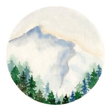 Çam ağacı, köknar ağacı ve dağların soyut doğa arka planına sahip suluboya manzara