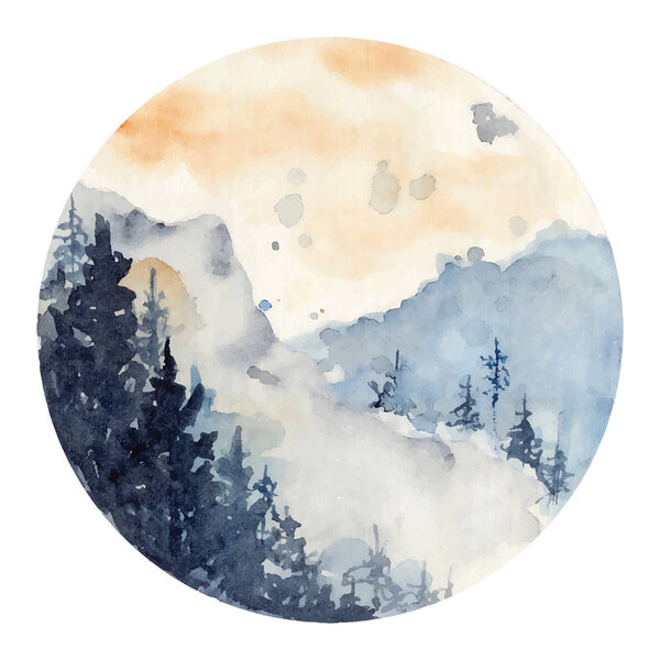 watercolor landscape with pine and fir trees and mountains abstract nature background