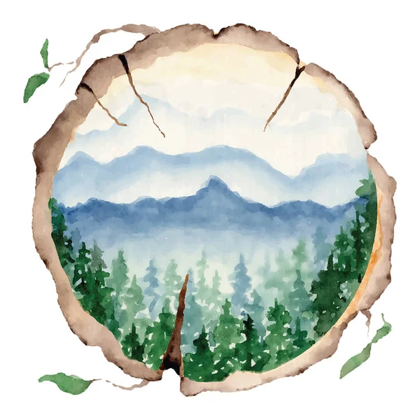 Paysage aquarelle avec pins et sapins et montagnes abstraits fond nature — Image vectorielle