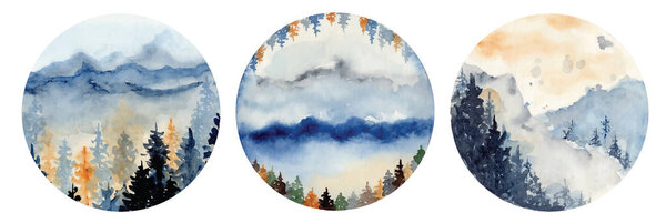 watercolor landscape with pine and fir trees and mountains abstract nature background