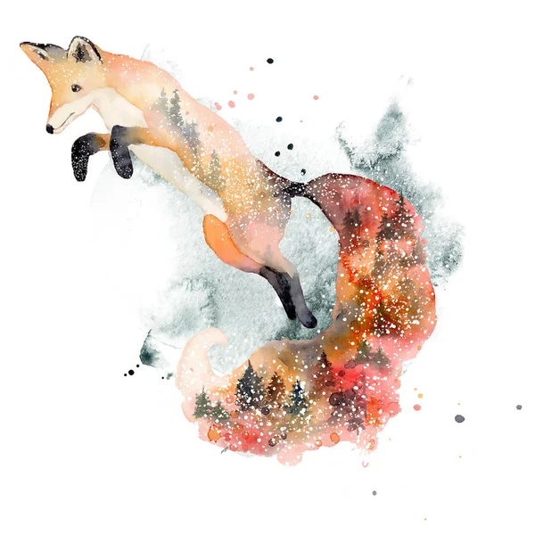 Aquarel vos met dubbele blootstelling effect Dieren illustratie geïsoleerd op witte achtergrond. — Stockfoto