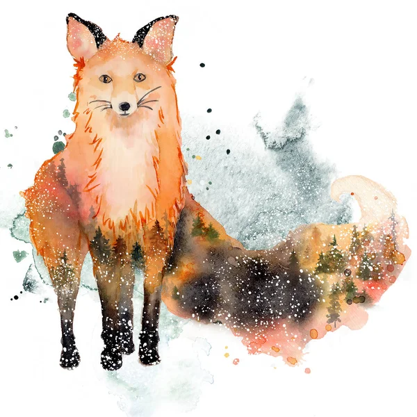 Watercolor fox with double exposure effect Animal illustration isolated on white background. — Stock Photo, Image