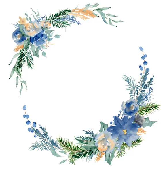 花の冬の花輪のイラスト。クリスマスデコレーションプリントデザインテンプレート — ストック写真