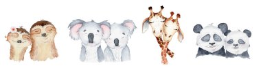 Watercolor animals character collection. Panda, sloth, giraffe, koala clipart