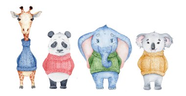 Suluboya hayvan karakter koleksiyonu. Panda, zürafa, koala, fil