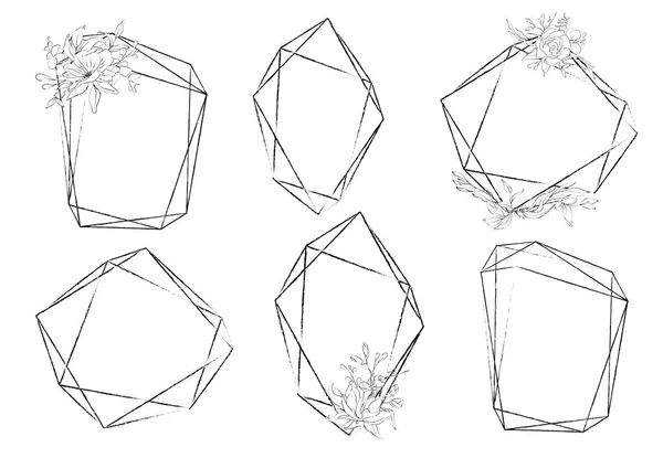 Botanisch skizzierte florale Kristallrahmen. Linienkunst handgezeichnete geometrische Formen — Stockvektor