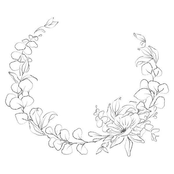 Botanical sketched floral frame. Line art hand drawn plants. — Stock Vector