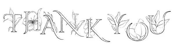 Tack bokstäver tecken linje konst design med blommor och blad. Handritad typografi inskription. Romantisk etikett — Stock vektor