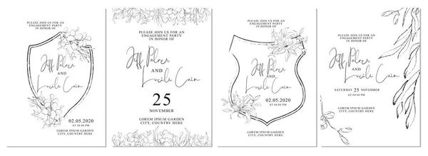 Minimalistisk bröllop inbjudan kort mall design, bladverk linje konst bläck ritning på vitt — Stock vektor