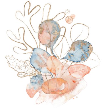 Su altı suluboya çiçek buketi yapraklar ve altın, el çizimi illüstrasyon 