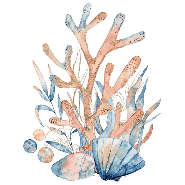 Watercolor underwater floral bouquet with corals and shells, hand drawn illustration
