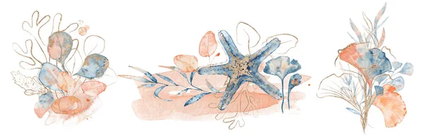 Vízfesték víz alatti virágcsokor korallokkal és tengeri csillagokkal, kézzel rajzolt illusztráció — Stock Fotó