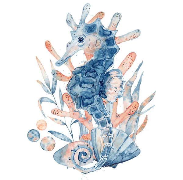 Illustration aquarelle d'hippocampe de couleur bleue avec composition florale isolée sur fond blanc — Photo