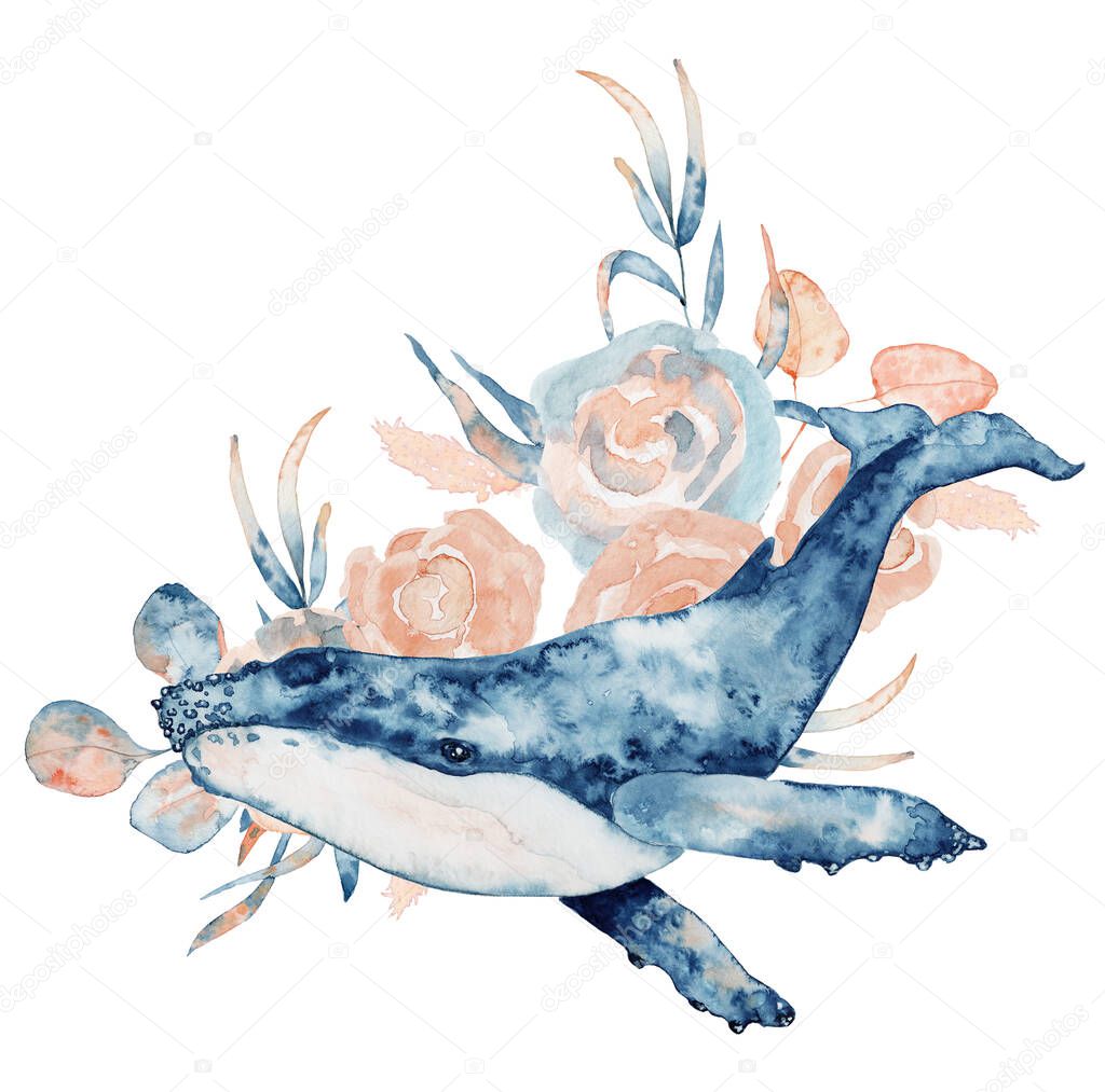 Watercolor illustration of whale in blue color with floral composition isolated on white background