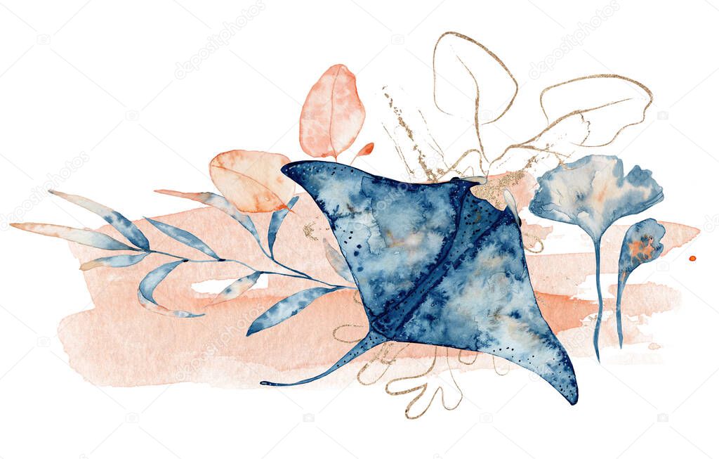 Watercolor illustration of ray fish in blue color with floral composition isolated on white background