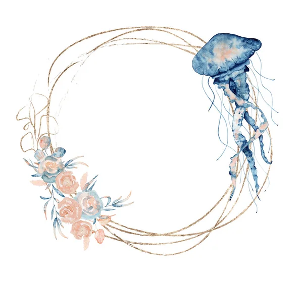 Marco dorado de acuarela con medusas y flores ilustración dibujada a mano aislada sobre fondo blanco — Foto de Stock