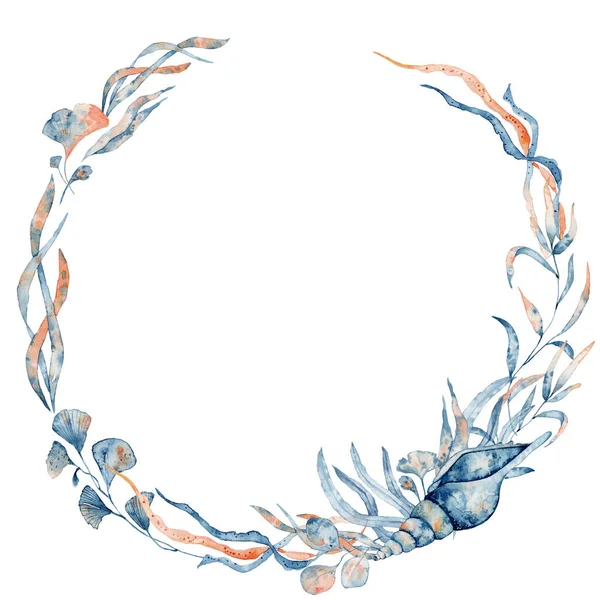 Akwarela podwodny kwiatowy wieniec z koralami i liśćmi, ręcznie rysowane ilustracje — Zdjęcie stockowe