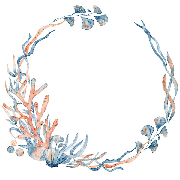 Акварель подводный цветочный венок с кораллами и листьями, рисунок вручную — стоковое фото