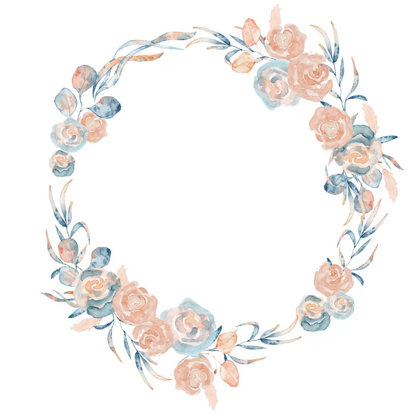 Watercolor floral wreath with peony flowers and leaves, hand drawn illustration