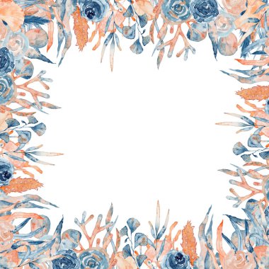 Pembe ve mavi şakayıklı suluboya çiçek çerçevesi, yapraklar ve mercanlar