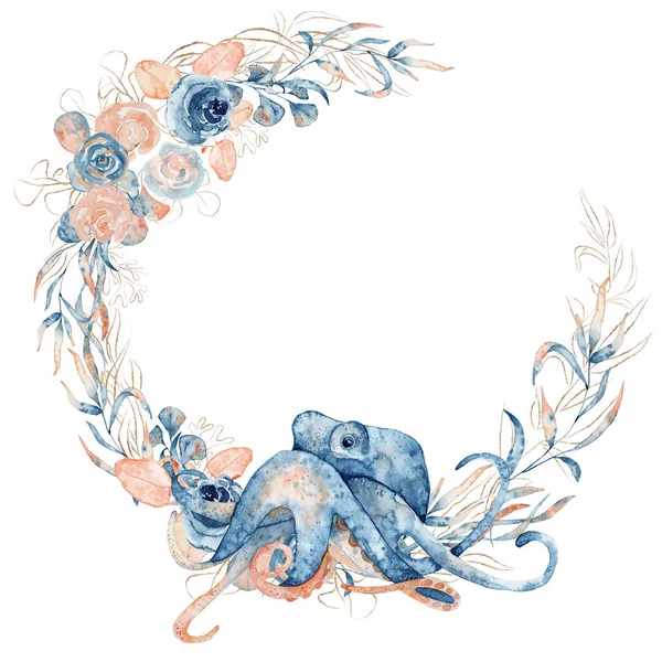 Ilustración acuarela de pulpo en color azul con composición floral aislada sobre fondo blanco — Foto de Stock