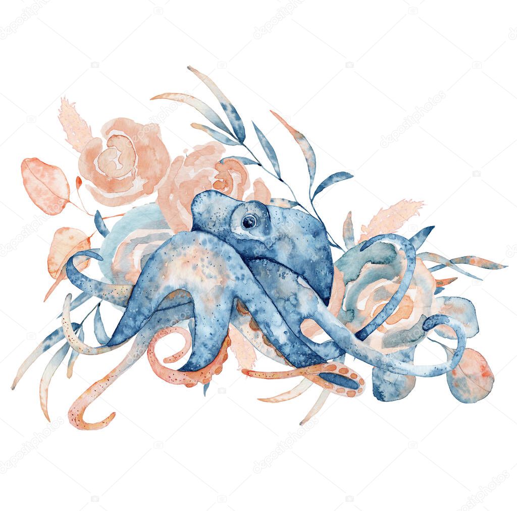 Watercolor illustration of octopus in blue color with floral composition isolated on white background