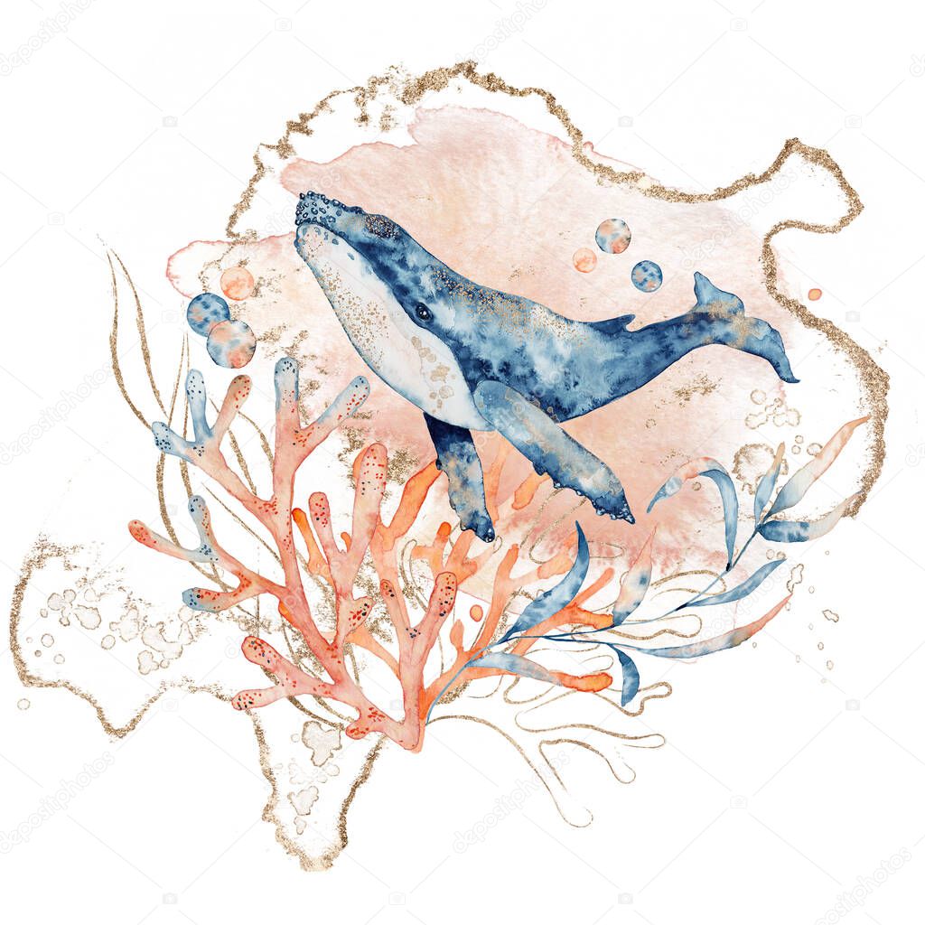 Watercolor illustration of whale in blue color with floral composition isolated on white background