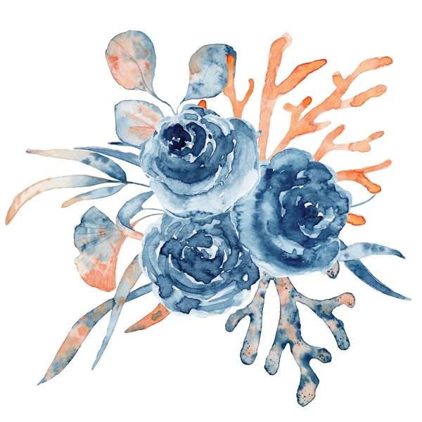 Vízfesték víz alatti virágcsokor korallokkal és virágokkal, kézzel rajzolt illusztráció — Stock Fotó