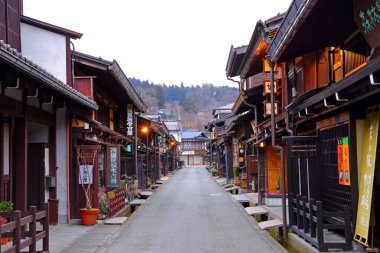 well preserved traditional wooden houses in old town area of Hida-Takayama, Gifu, Takayama, Japan clipart